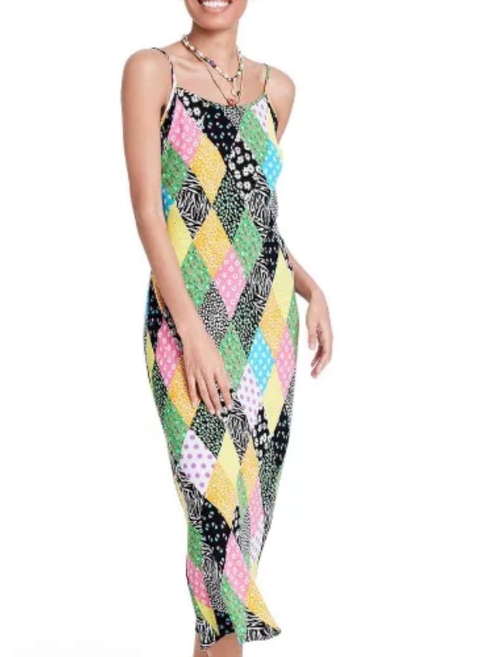 RIXO Multicolor Patchwork Diamond Print Maxi Dress